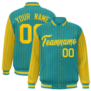 Custom Aqua Gold Raglan Sleeves Varsity Full-Snap Pinstripe Letterman Baseball Jacket