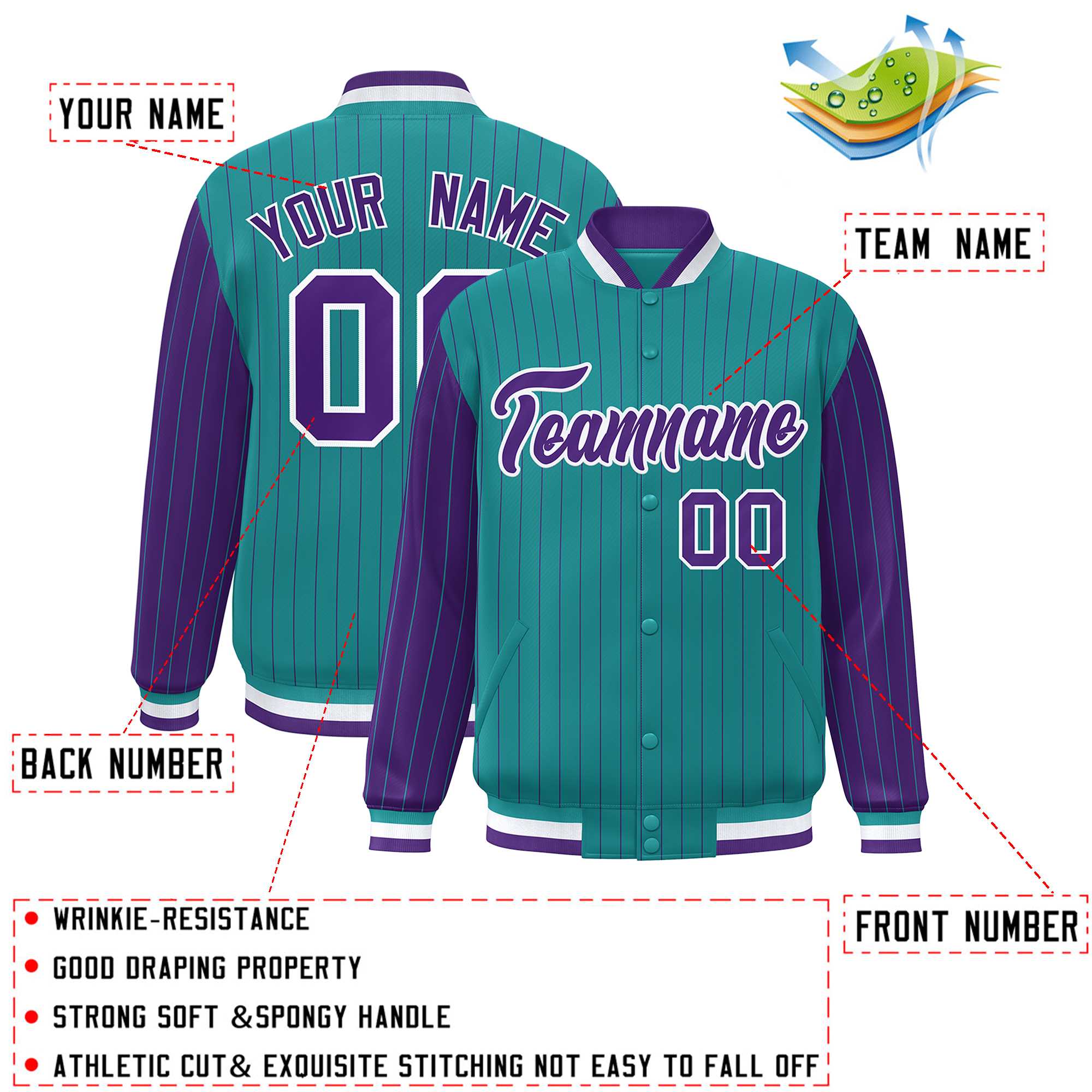 Custom Aqua Purple Raglan Sleeves Varsity Full-Snap Pinstripe Letterman Baseball Jacket