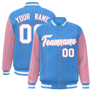 Custom Powder Blue Light Pink Raglan Sleeves Varsity Full-Snap Pinstripe Letterman Baseball Jacket