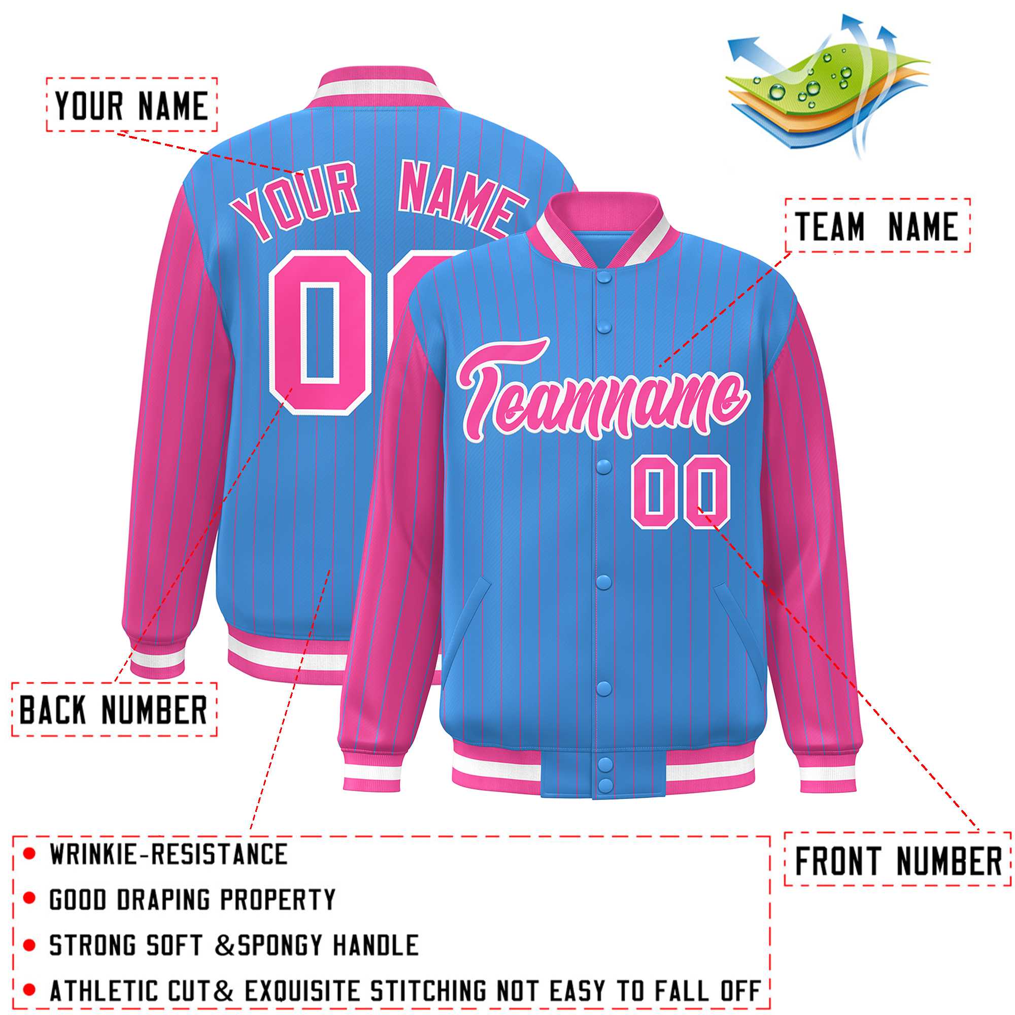 Custom Powder Blue Pink Raglan Sleeves Varsity Full-Snap Pinstripe Letterman Baseball Jacket