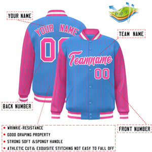 Custom Powder Blue Pink Raglan Sleeves Varsity Full-Snap Pinstripe Letterman Baseball Jacket