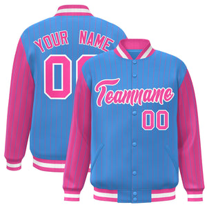 Custom Powder Blue Pink Raglan Sleeves Varsity Full-Snap Pinstripe Letterman Baseball Jacket