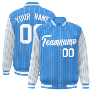 Custom Powder Blue White Raglan Sleeves Varsity Full-Snap Pinstripe Letterman Baseball Jacket