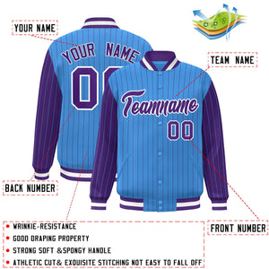 Custom Powder Blue Purple Raglan Sleeves Varsity Full-Snap Pinstripe Letterman Baseball Jacket