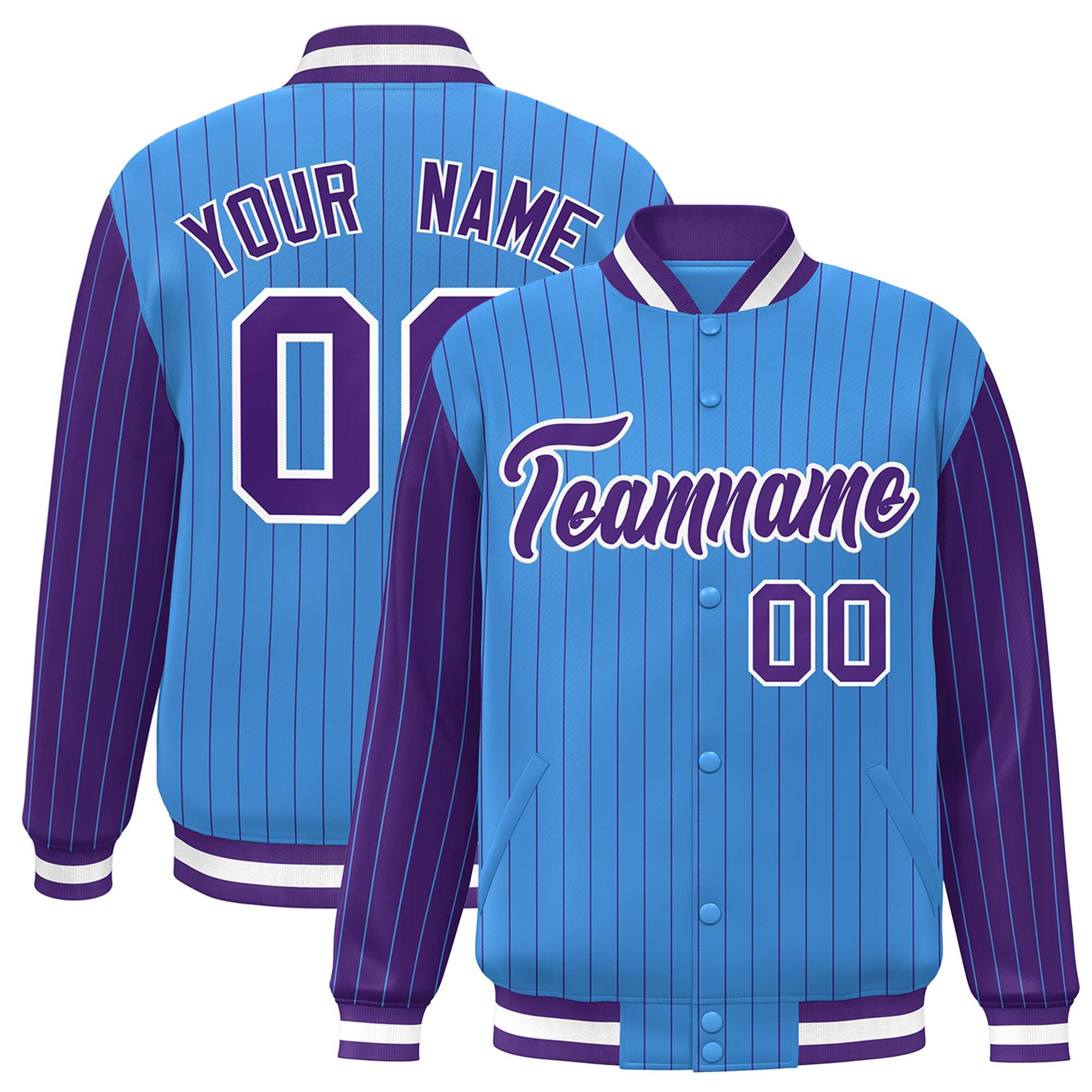 Custom Powder Blue Purple Raglan Sleeves Varsity Full-Snap Pinstripe Letterman Baseball Jacket