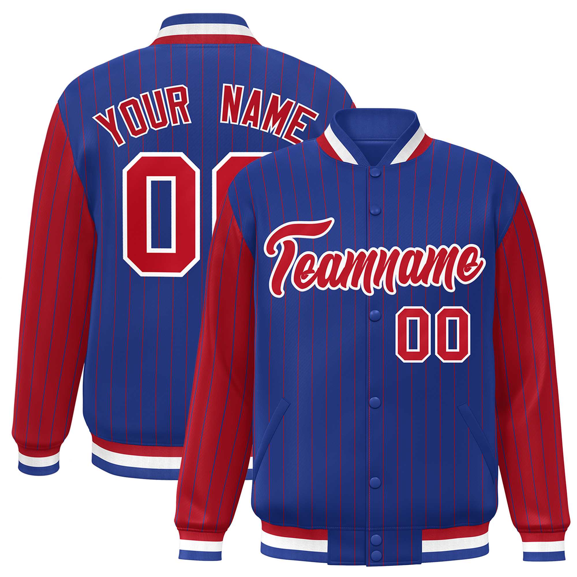 Custom Royal Red Raglan Sleeves Varsity Full-Snap Pinstripe Letterman Baseball Jacket