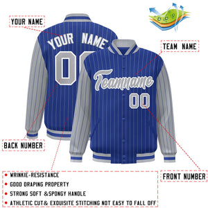 Custom Royal Gray Raglan Sleeves Varsity Full-Snap Pinstripe Letterman Baseball Jacket