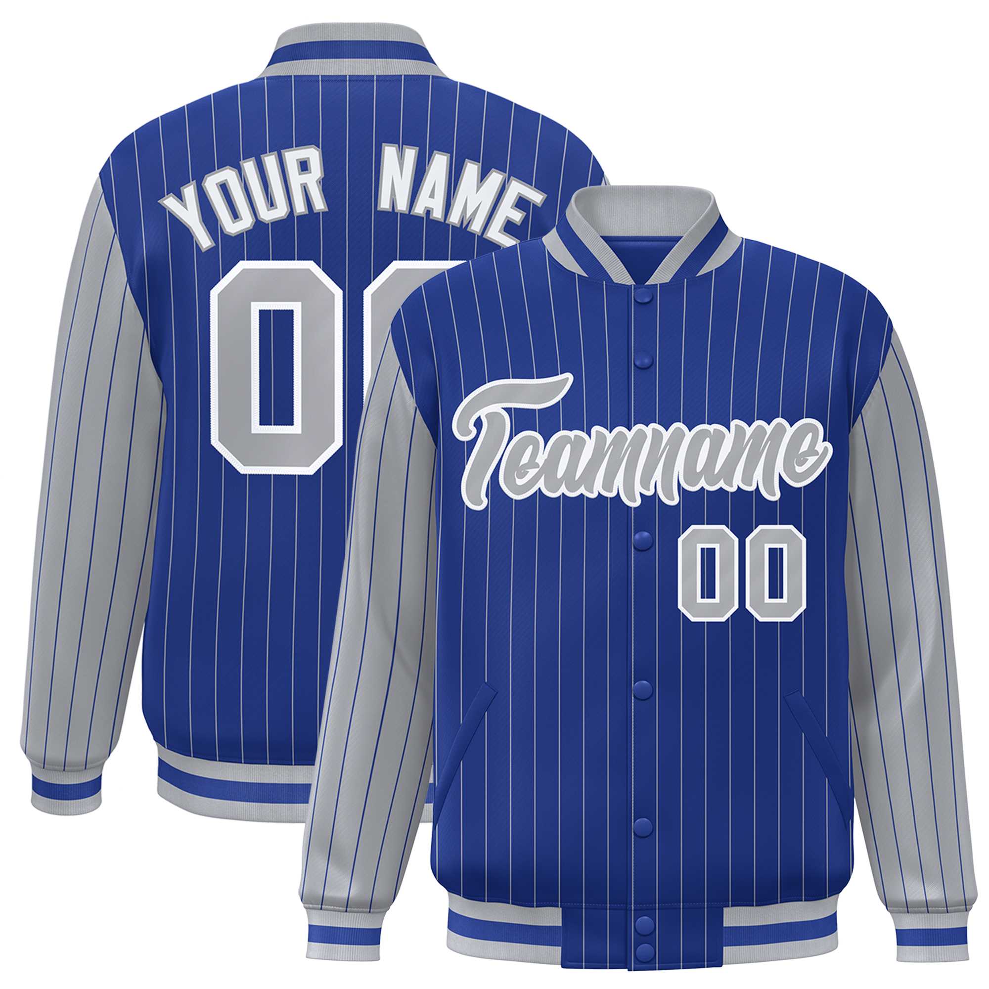 Custom Royal Gray Raglan Sleeves Varsity Full-Snap Pinstripe Letterman Baseball Jacket