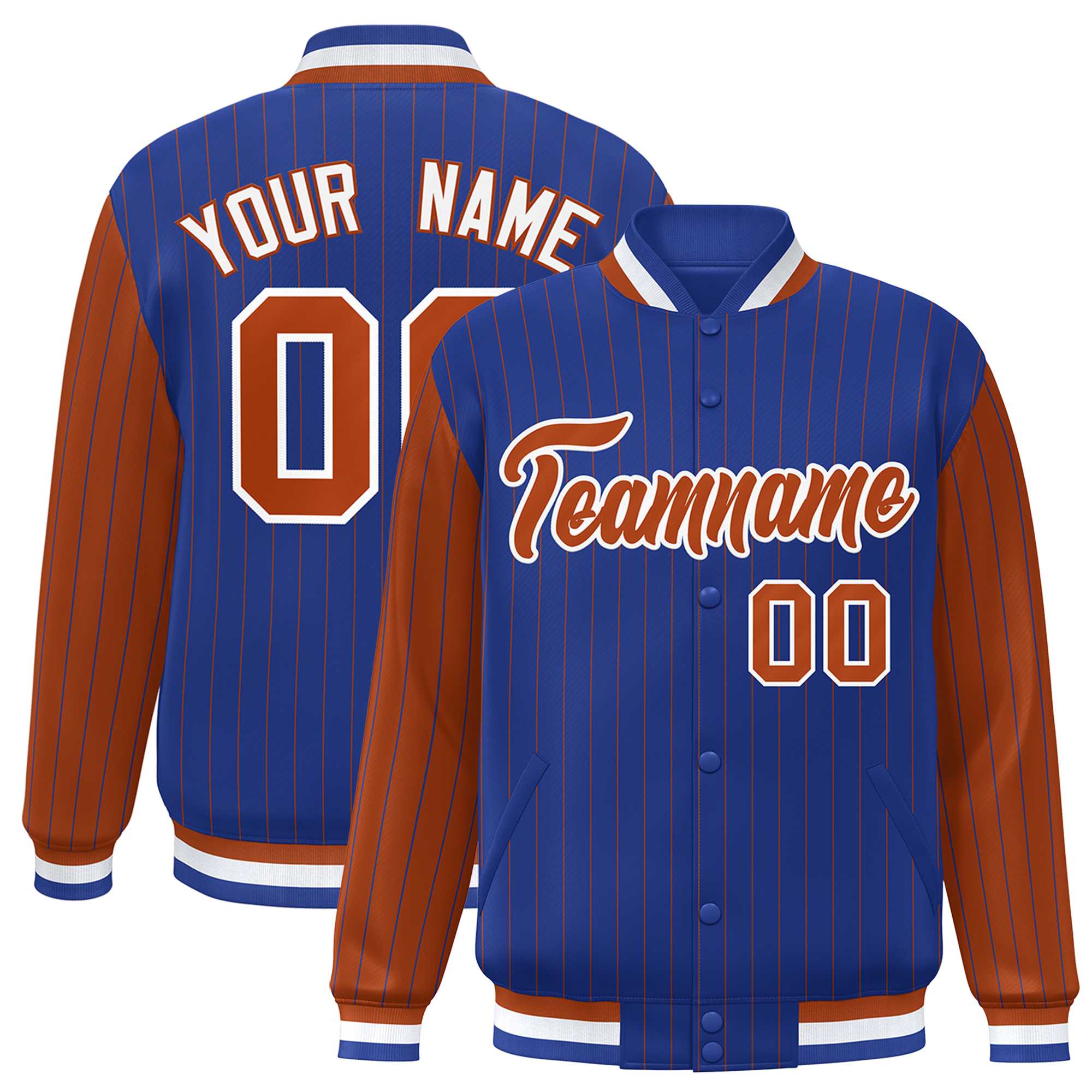 Custom Royal Texas Orange Raglan Sleeves Varsity Full-Snap Pinstripe Letterman Baseball Jacket