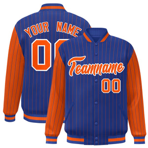 Custom Royal Orange Raglan Sleeves Varsity Full-Snap Pinstripe Letterman Baseball Jacket