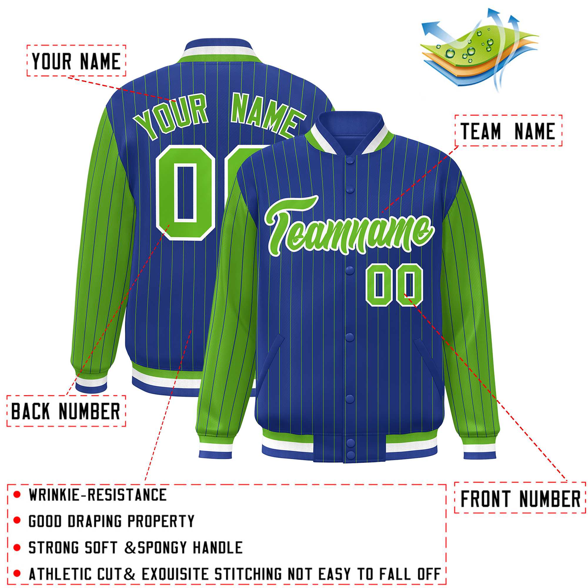 Custom Royal Green Raglan Sleeves Varsity Full-Snap Pinstripe Letterman Baseball Jacket