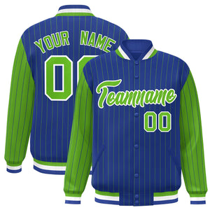 Custom Royal Green Raglan Sleeves Varsity Full-Snap Pinstripe Letterman Baseball Jacket