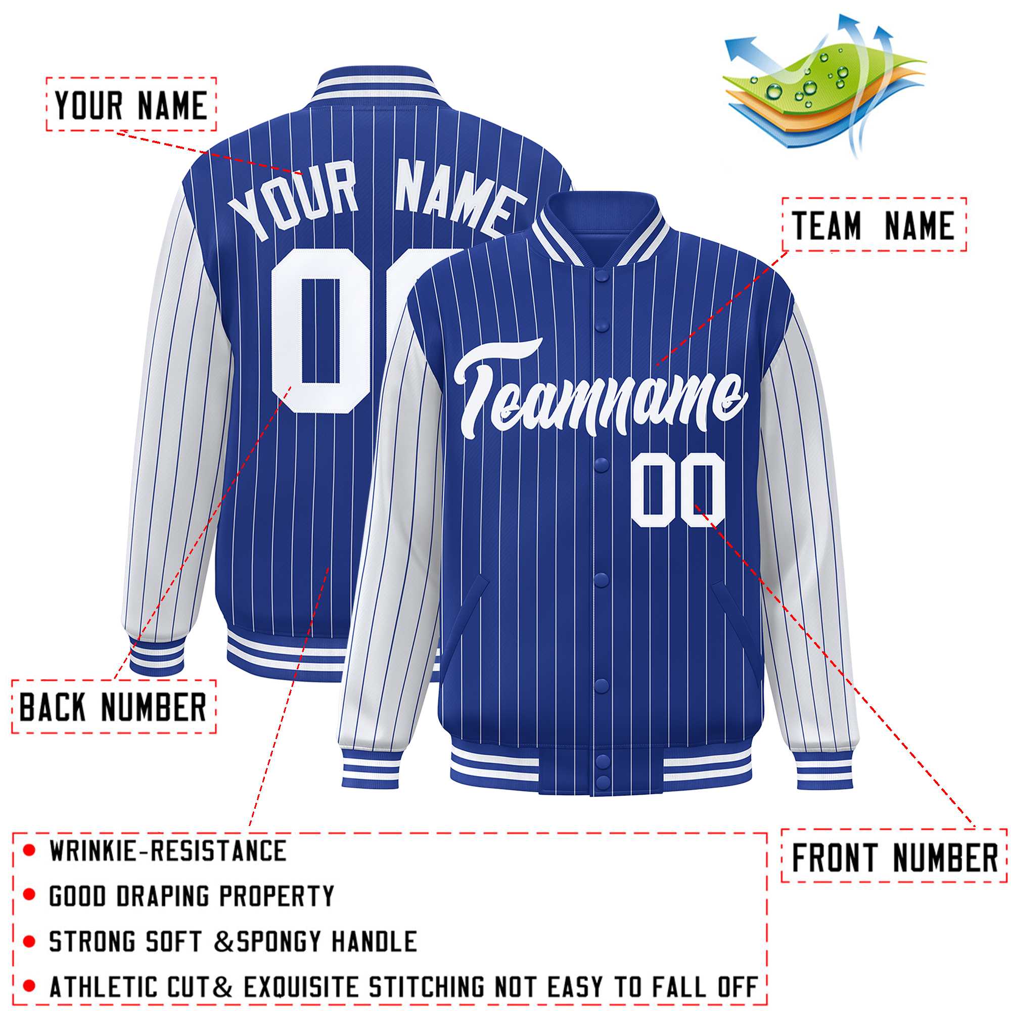 Custom Royal White Raglan Sleeves Varsity Full-Snap Pinstripe Letterman Baseball Jacket