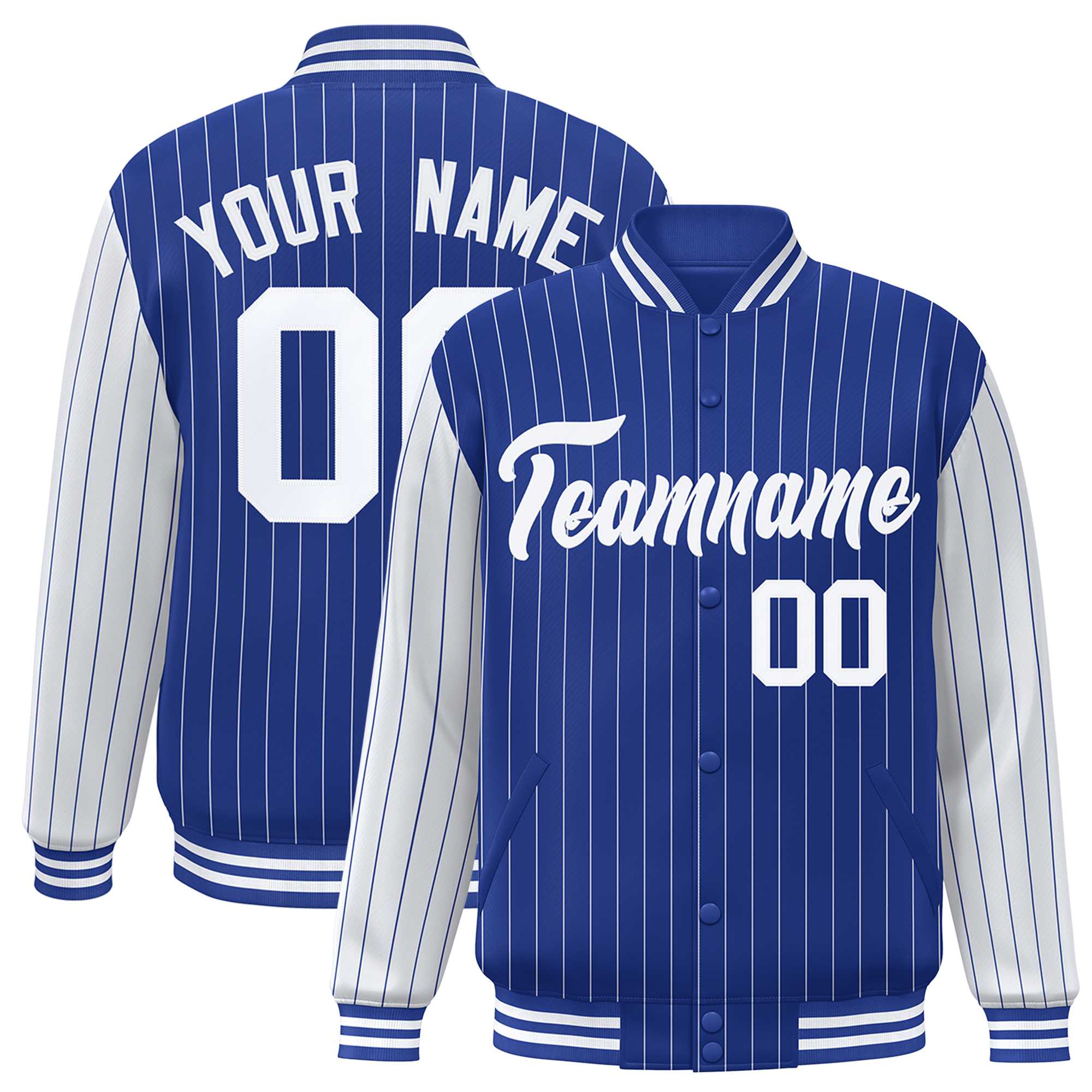 Custom Royal White Raglan Sleeves Varsity Full-Snap Pinstripe Letterman Baseball Jacket