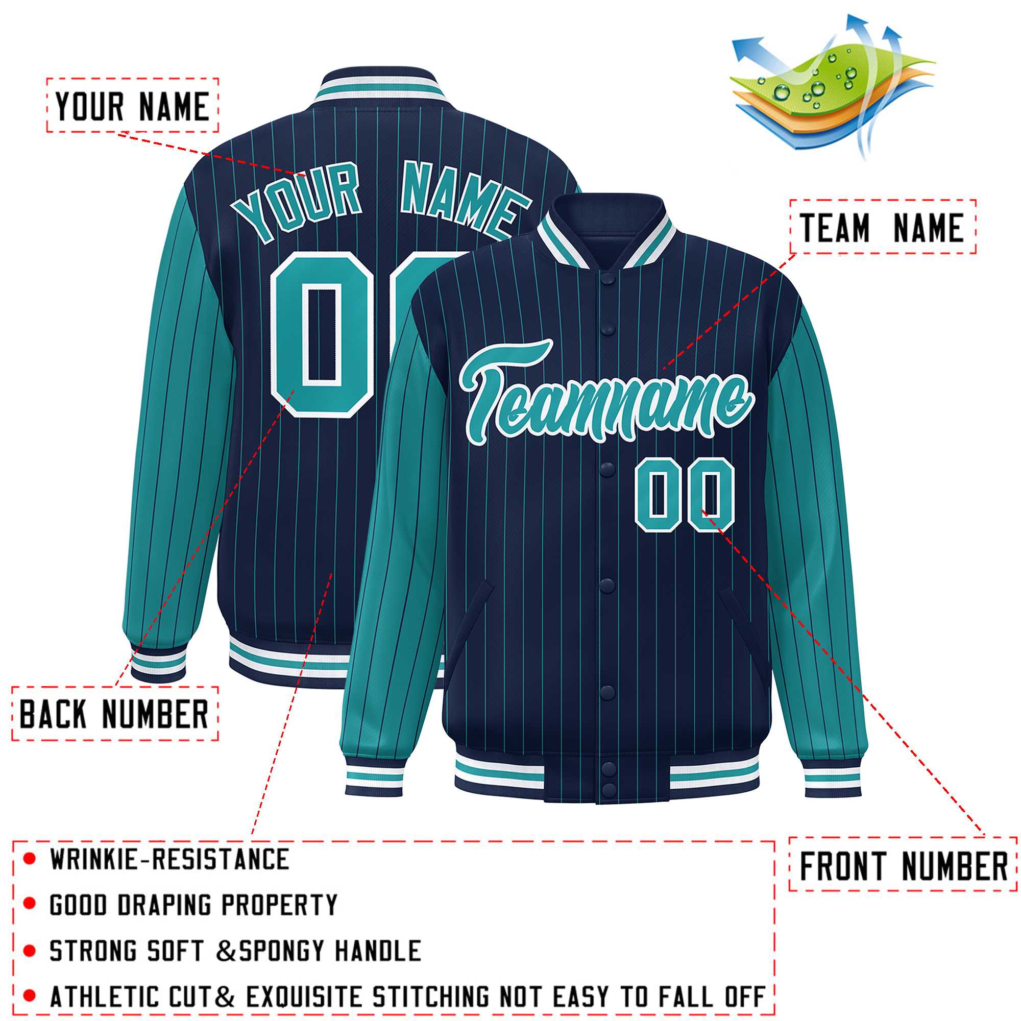 Custom Navy Aqua Raglan Sleeves Varsity Full-Snap Pinstripe Letterman Baseball Jacket