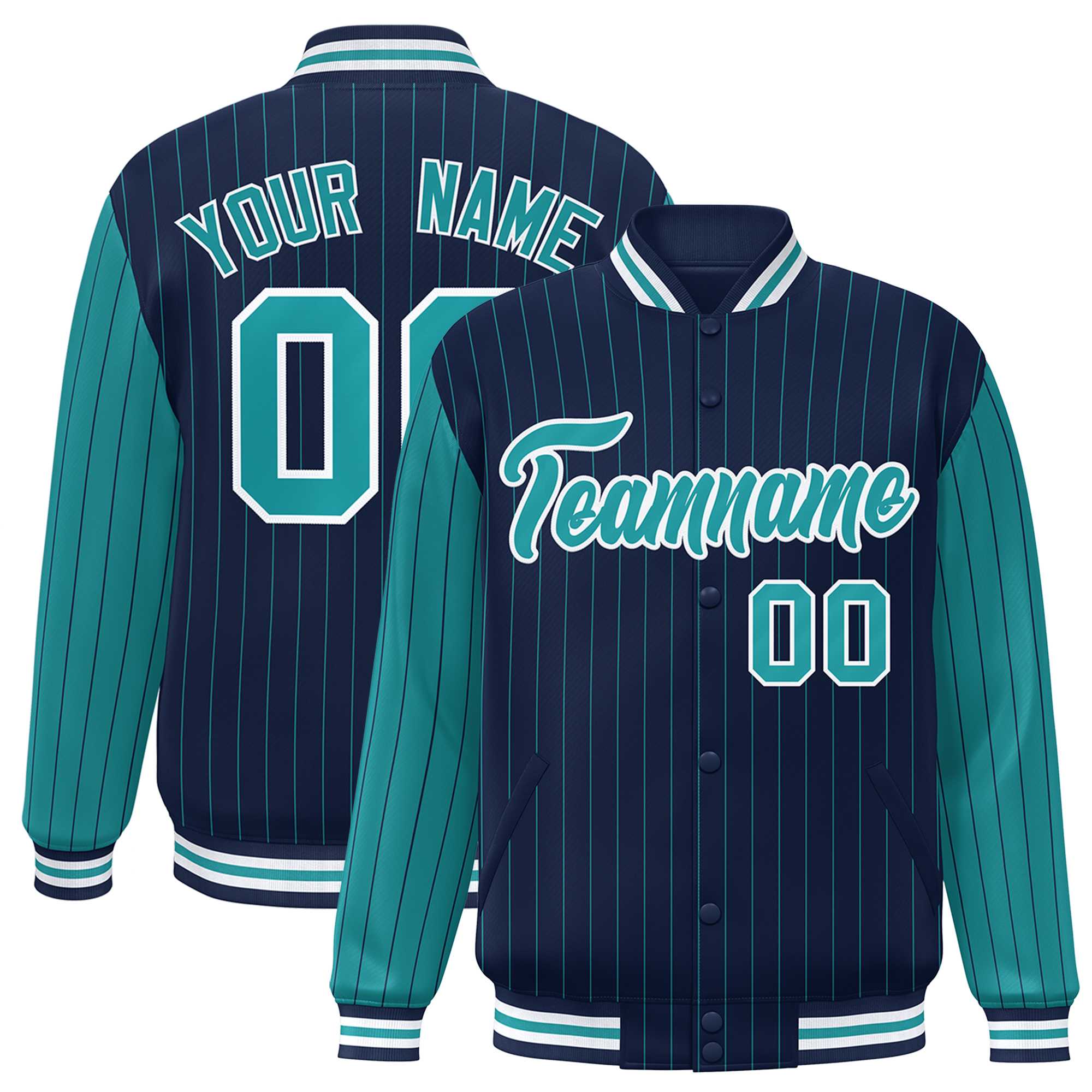 Custom Navy Aqua Raglan Sleeves Varsity Full-Snap Pinstripe Letterman Baseball Jacket