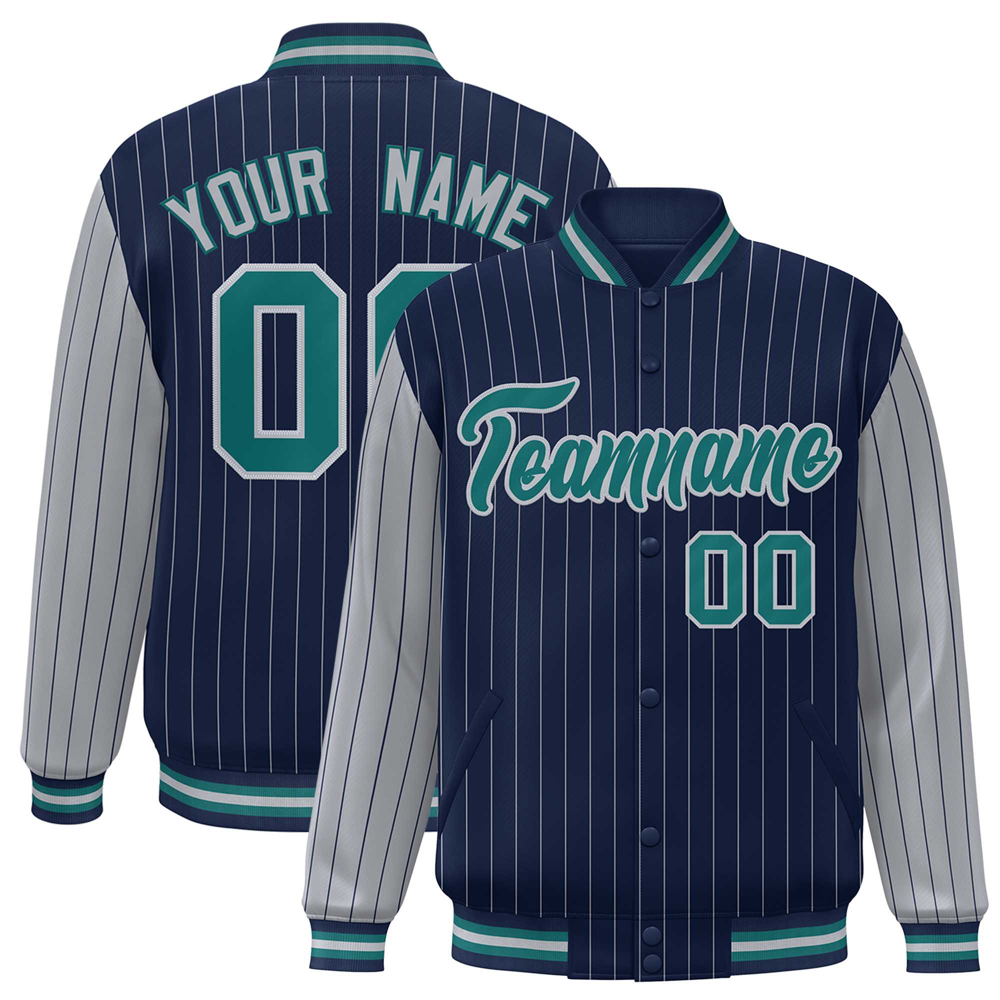 Custom Navy Gray Raglan Sleeves Varsity Full-Snap Pinstripe Letterman Baseball Jacket