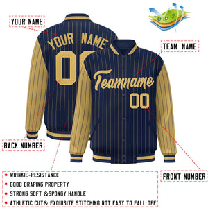 Custom Navy Old Gold Raglan Sleeves Varsity Full-Snap Pinstripe Letterman Baseball Jacket