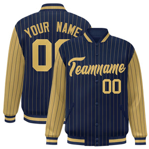 Custom Navy Old Gold Raglan Sleeves Varsity Full-Snap Pinstripe Letterman Baseball Jacket