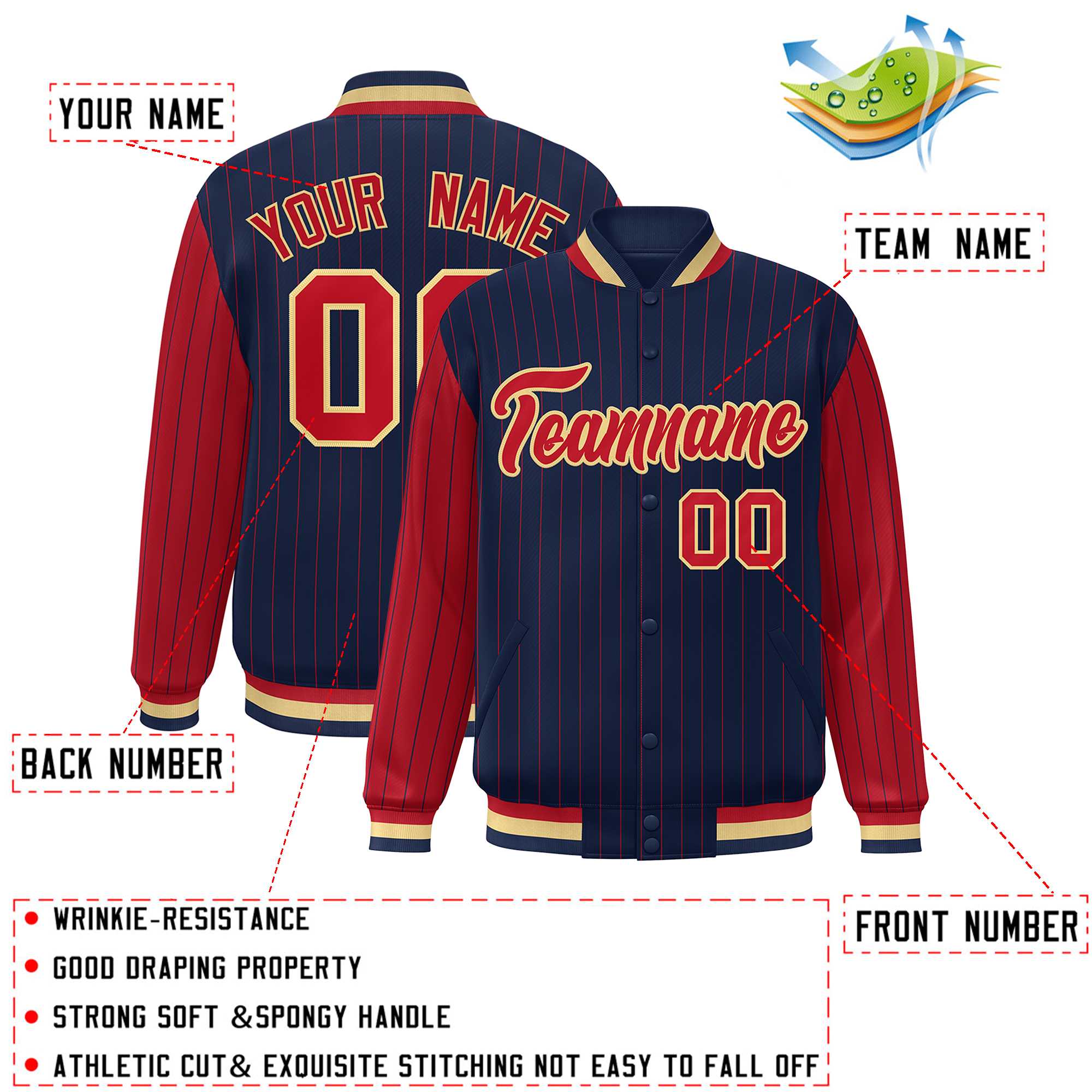 Custom Navy Red Raglan Sleeves Varsity Full-Snap Pinstripe Letterman Baseball Jacket