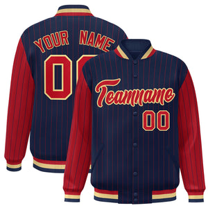 Custom Navy Red Raglan Sleeves Varsity Full-Snap Pinstripe Letterman Baseball Jacket