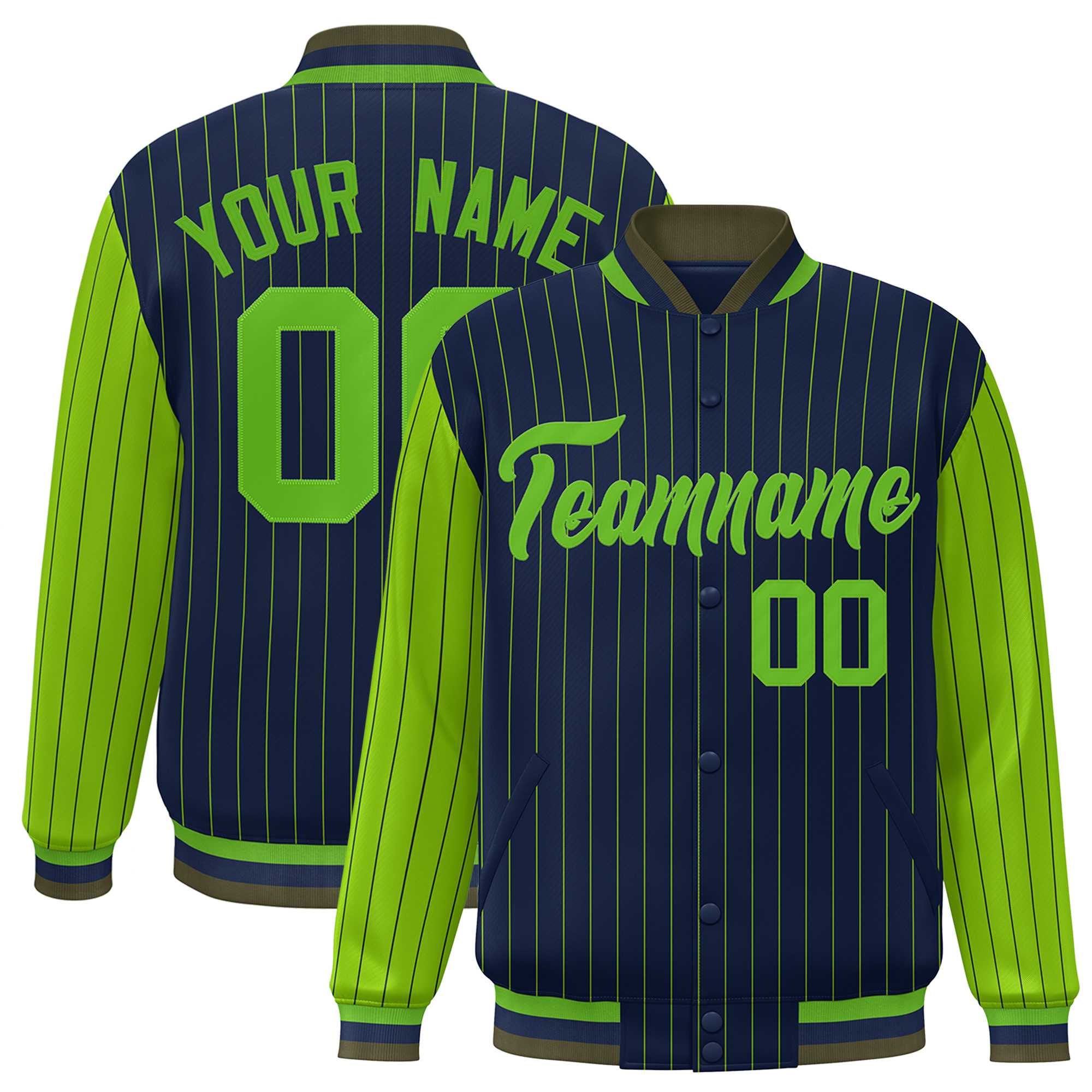 Custom Navy Green Raglan Sleeves Varsity Full-Snap Pinstripe Letterman Baseball Jacket