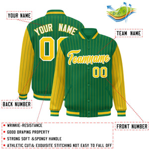 Custom Kelly Green Gold Raglan Sleeves Varsity Full-Snap Pinstripe Letterman Baseball Jacket