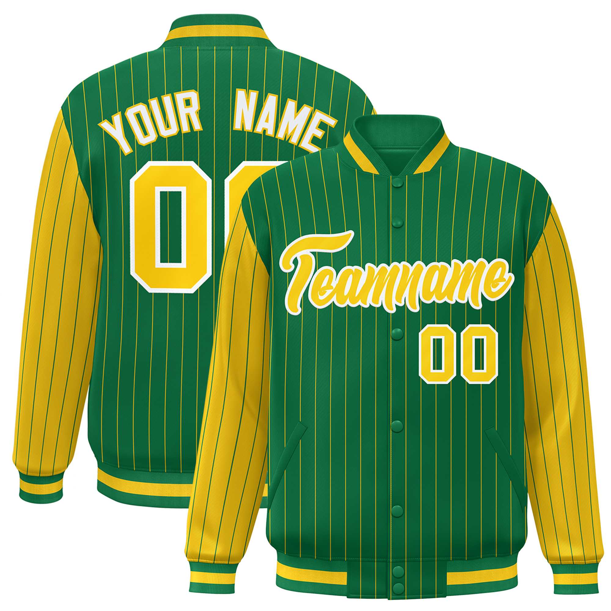 Custom Kelly Green Gold Raglan Sleeves Varsity Full-Snap Pinstripe Letterman Baseball Jacket