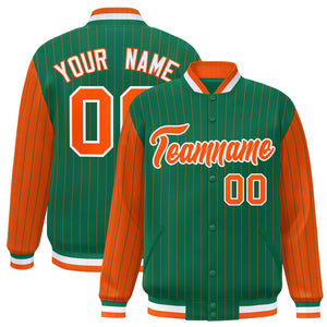 Custom Kelly Green Orange Raglan Sleeves Varsity Full-Snap Pinstripe Letterman Baseball Jacket