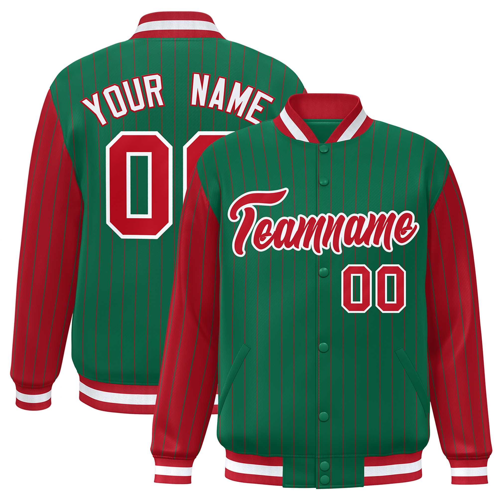 Custom Kelly Green Red Raglan Sleeves Varsity Full-Snap Pinstripe Letterman Baseball Jacket