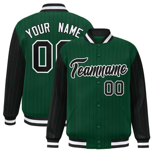 Custom Green Black Raglan Sleeves Varsity Full-Snap Pinstripe Letterman Baseball Jacket