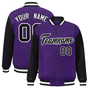 Custom Purple Black Raglan Sleeves Varsity Full-Snap Pinstripe Letterman Baseball Jacket