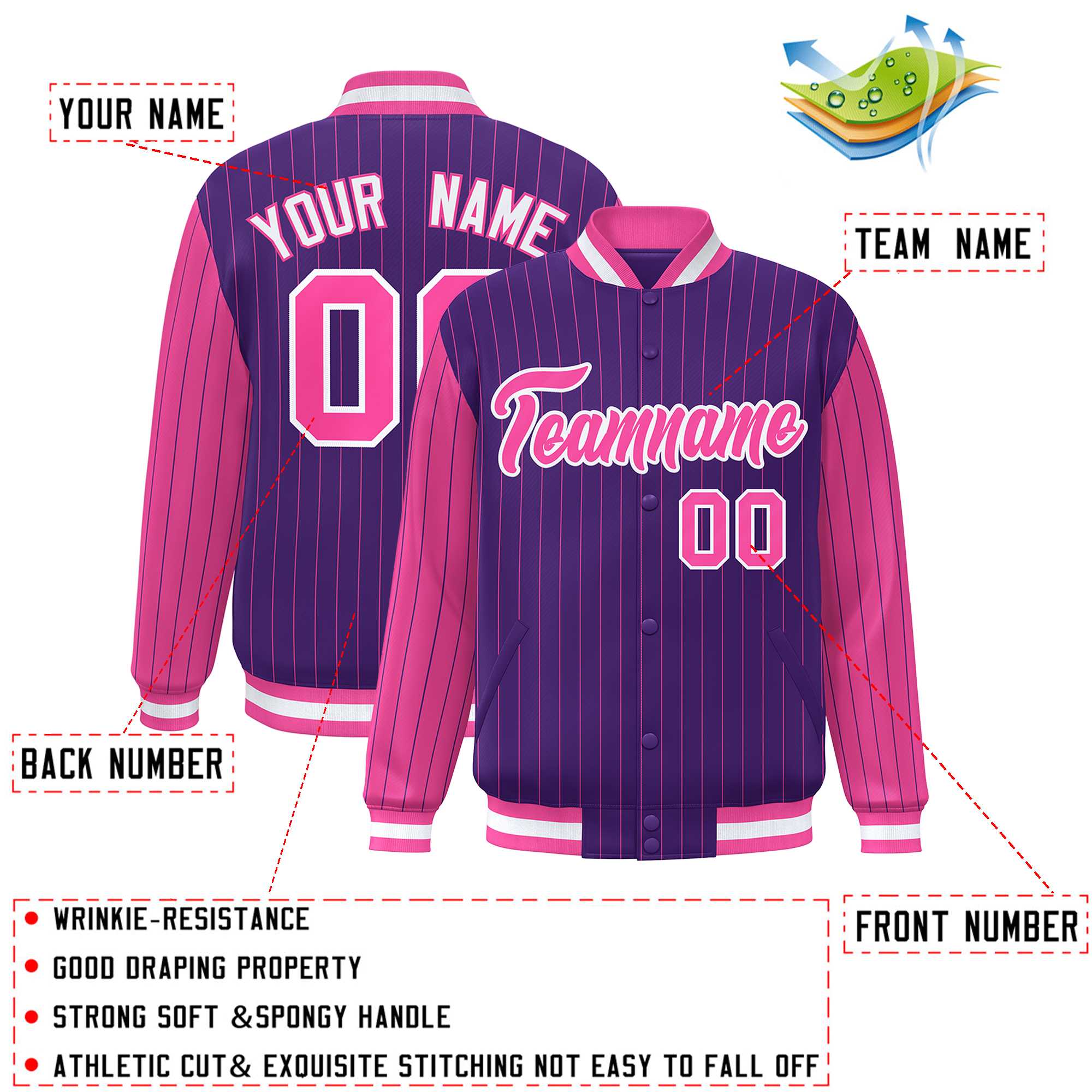 Custom Purple Pink Raglan Sleeves Varsity Full-Snap Pinstripe Letterman Baseball Jacket