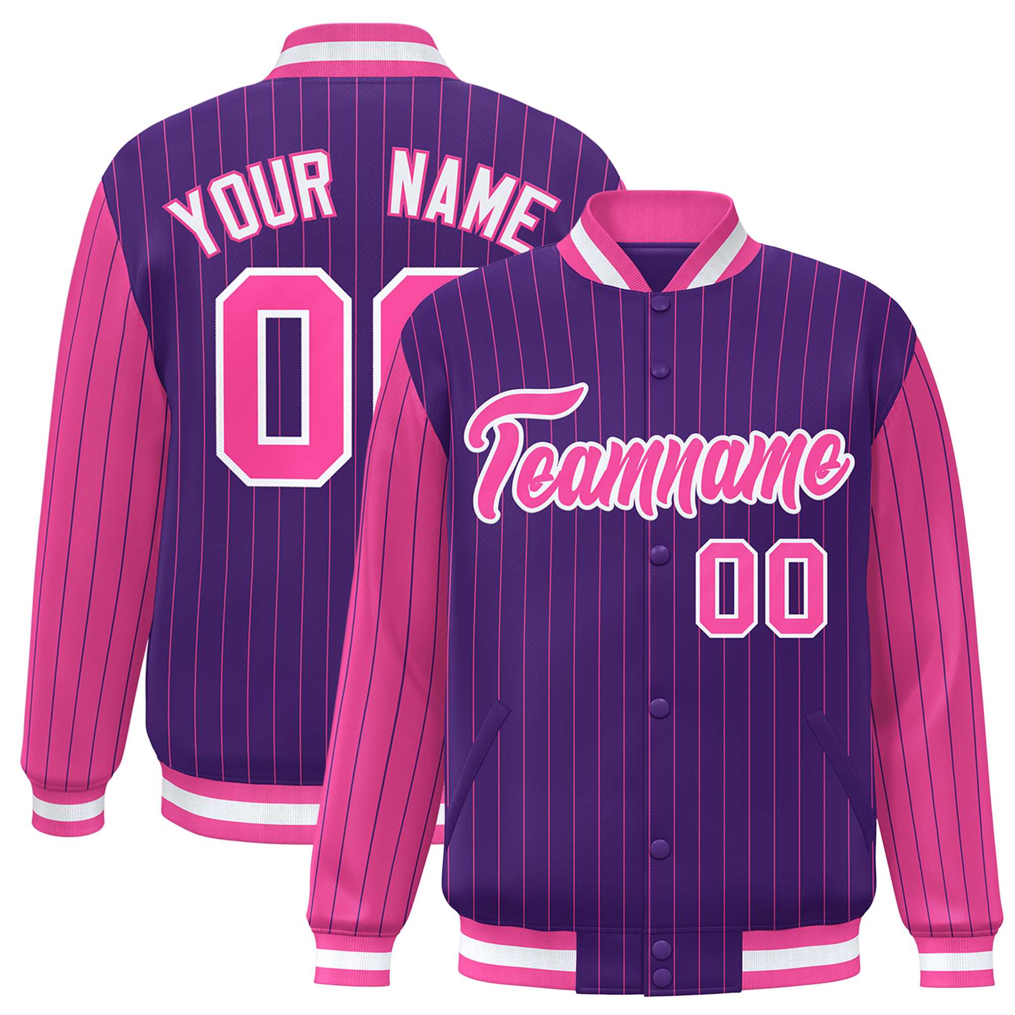 Custom Purple Pink Raglan Sleeves Varsity Full-Snap Pinstripe Letterman Baseball Jacket