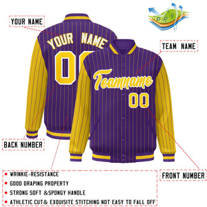 Custom Purple Gold Raglan Sleeves Varsity Full-Snap Pinstripe Letterman Baseball Jacket