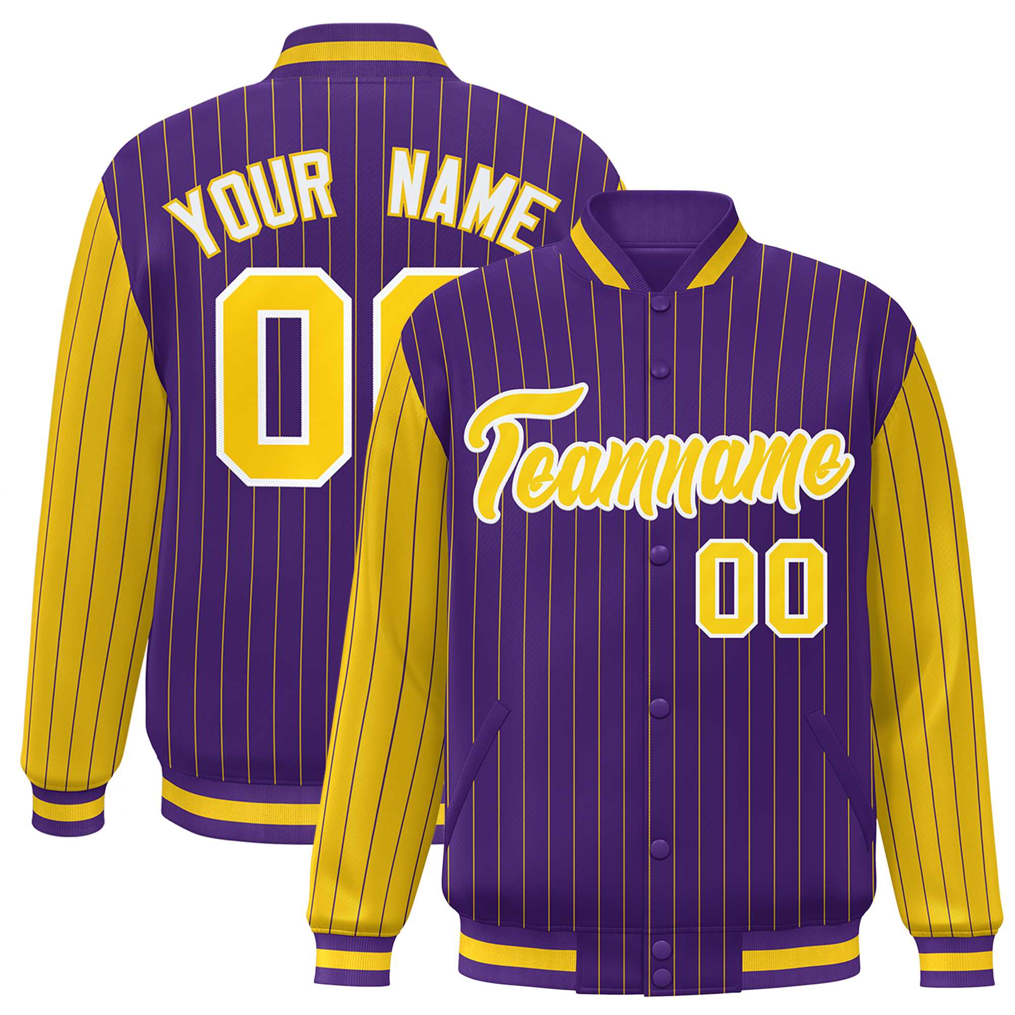 Custom Purple Gold Raglan Sleeves Varsity Full-Snap Pinstripe Letterman Baseball Jacket