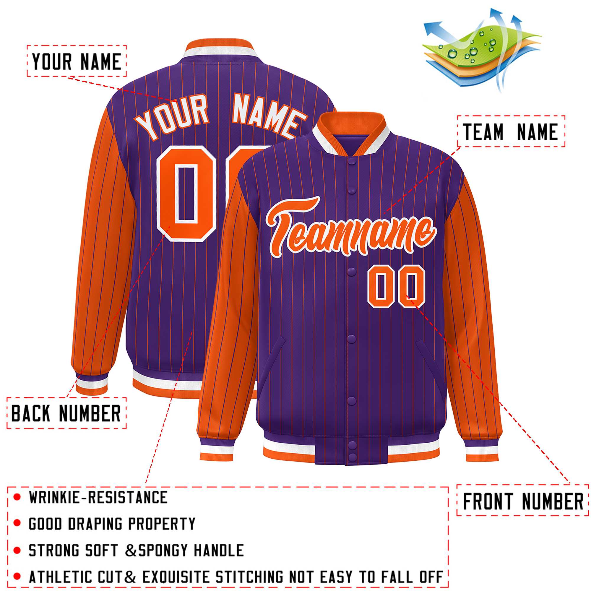 Custom Purple Orange Raglan Sleeves Varsity Full-Snap Pinstripe Letterman Baseball Jacket