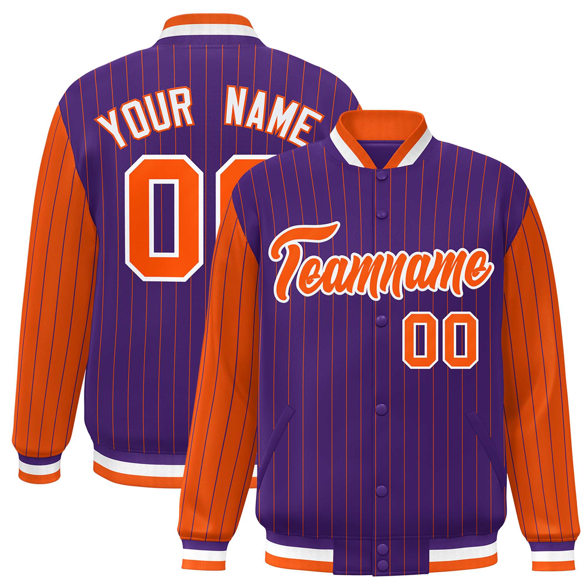 Custom Purple Orange Raglan Sleeves Varsity Full-Snap Pinstripe Letterman Baseball Jacket