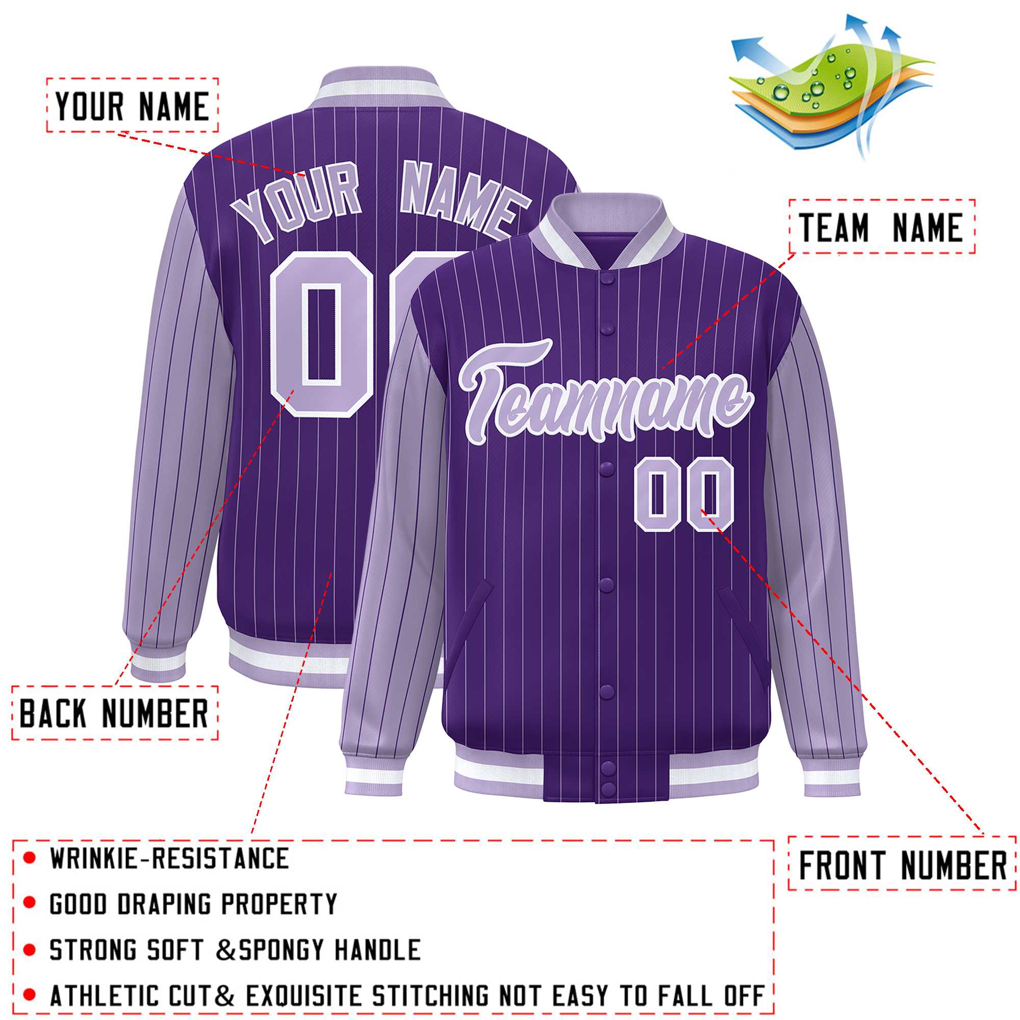 Custom Purple Light Purple Raglan Sleeves Varsity Full-Snap Pinstripe Letterman Baseball Jacket