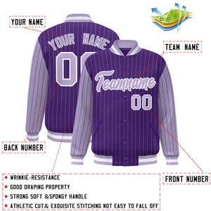 Custom Purple Light Purple Raglan Sleeves Varsity Full-Snap Pinstripe Letterman Baseball Jacket