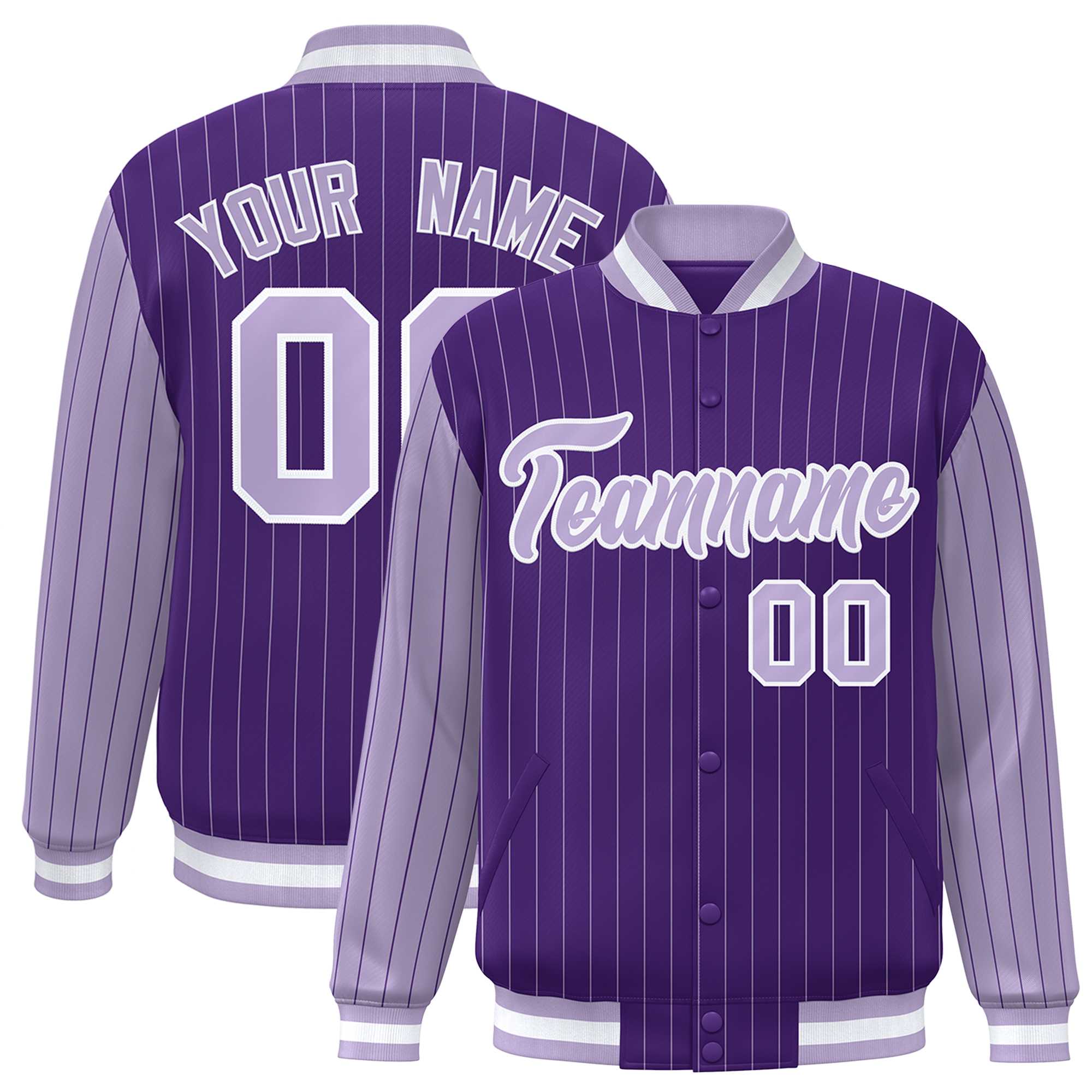 Custom Purple Light Purple Raglan Sleeves Varsity Full-Snap Pinstripe Letterman Baseball Jacket