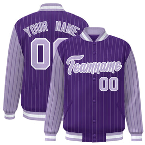 Custom Purple Light Purple Raglan Sleeves Varsity Full-Snap Pinstripe Letterman Baseball Jacket