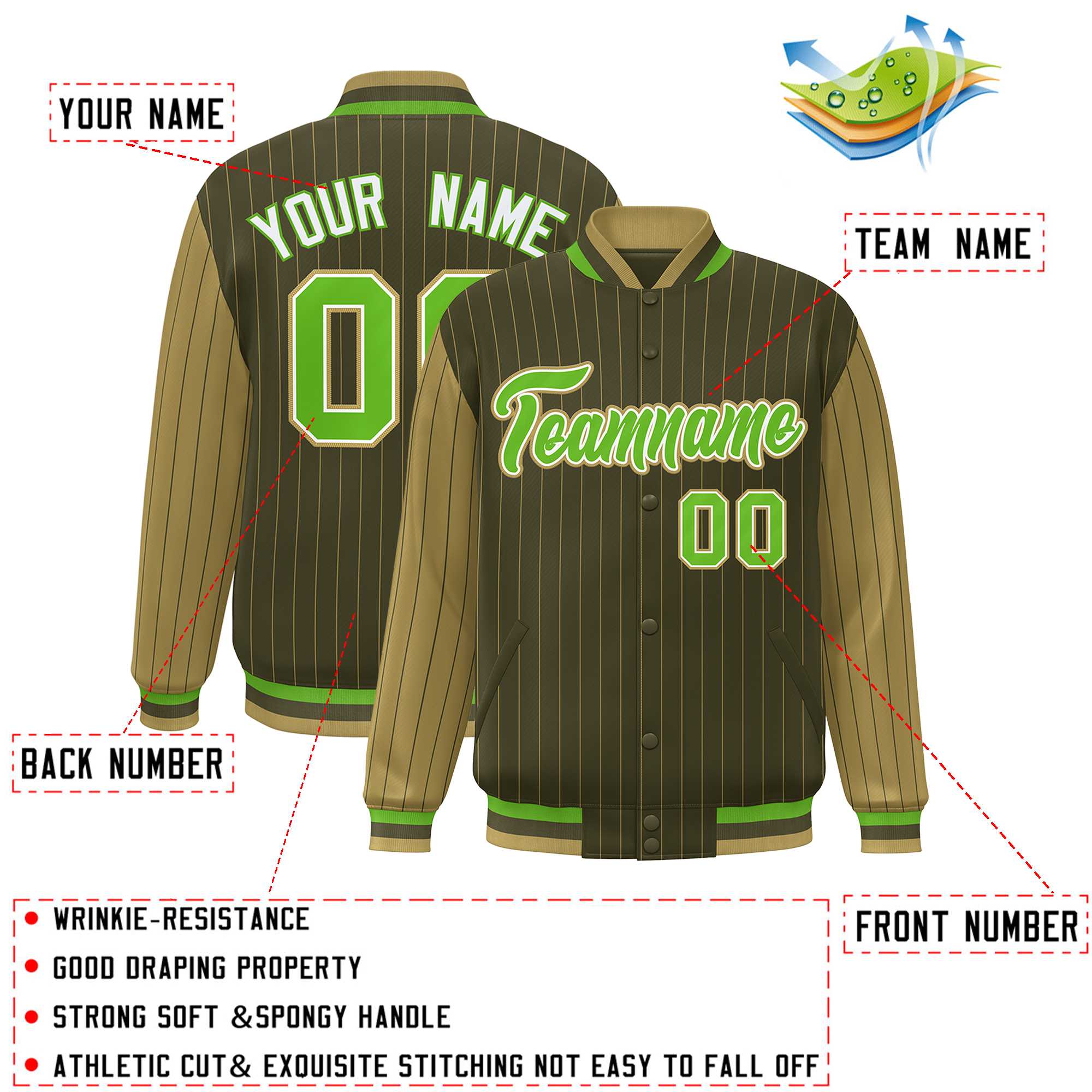 Custom Green Desert Yellow Raglan Sleeves Varsity Full-Snap Pinstripe Letterman Baseball Jacket