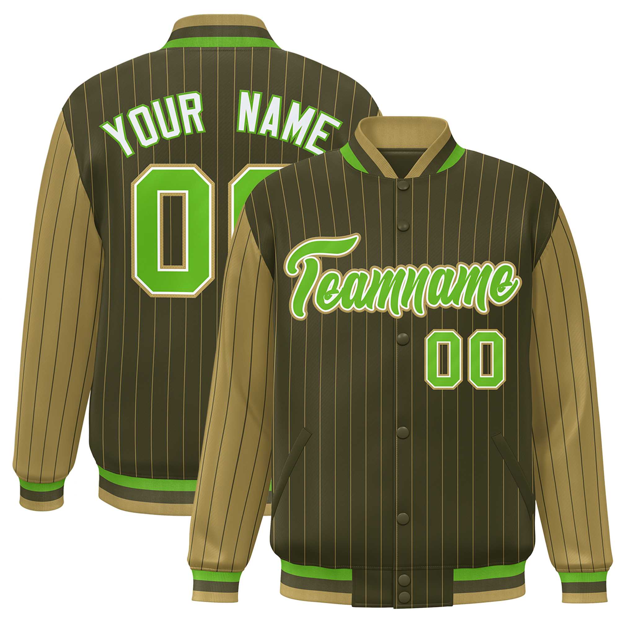 Custom Green Desert Yellow Raglan Sleeves Varsity Full-Snap Pinstripe Letterman Baseball Jacket