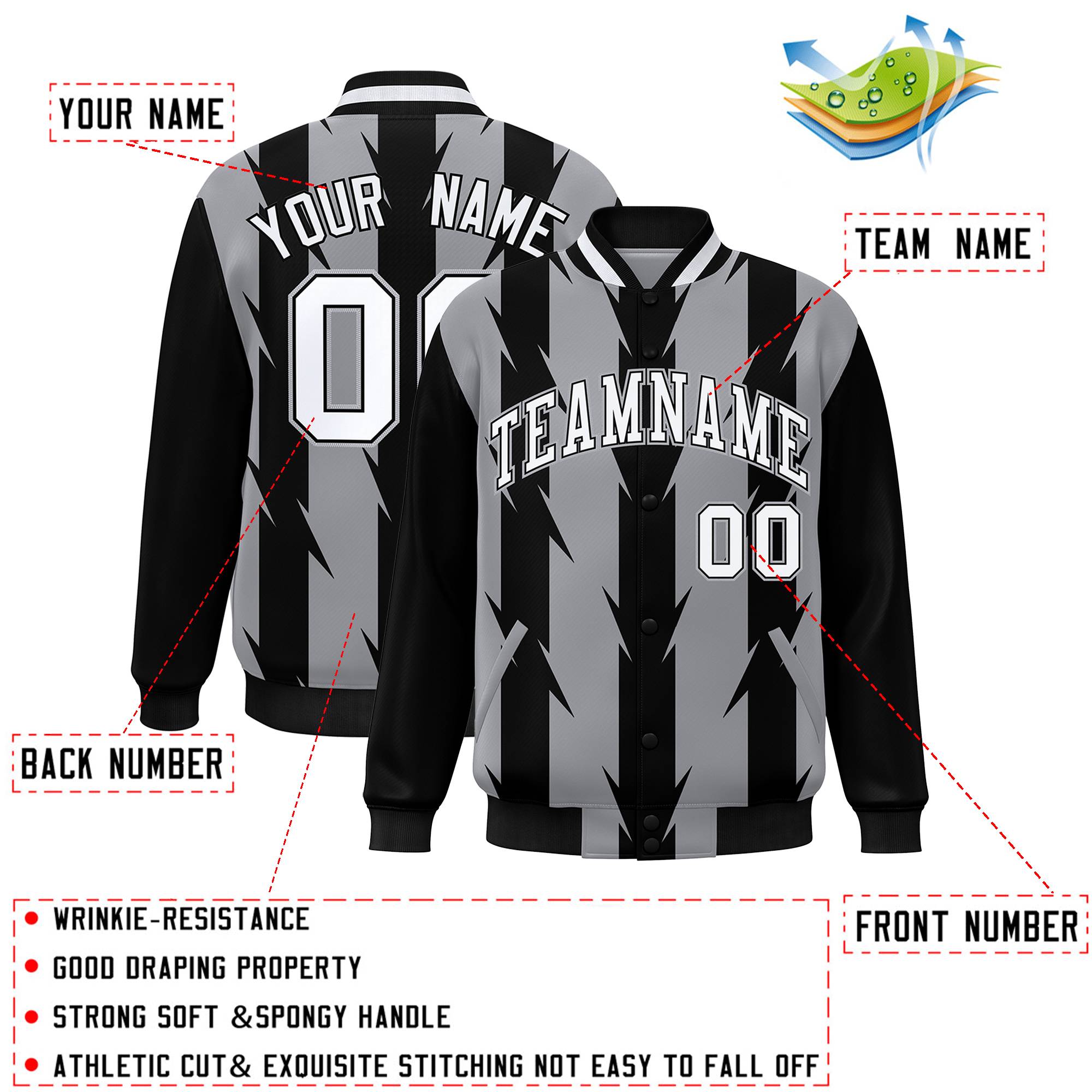 Custom Gray Gray Varsity Full-Snap Blade Pattern Raglan Sleeves Letterman Baseball Jacket