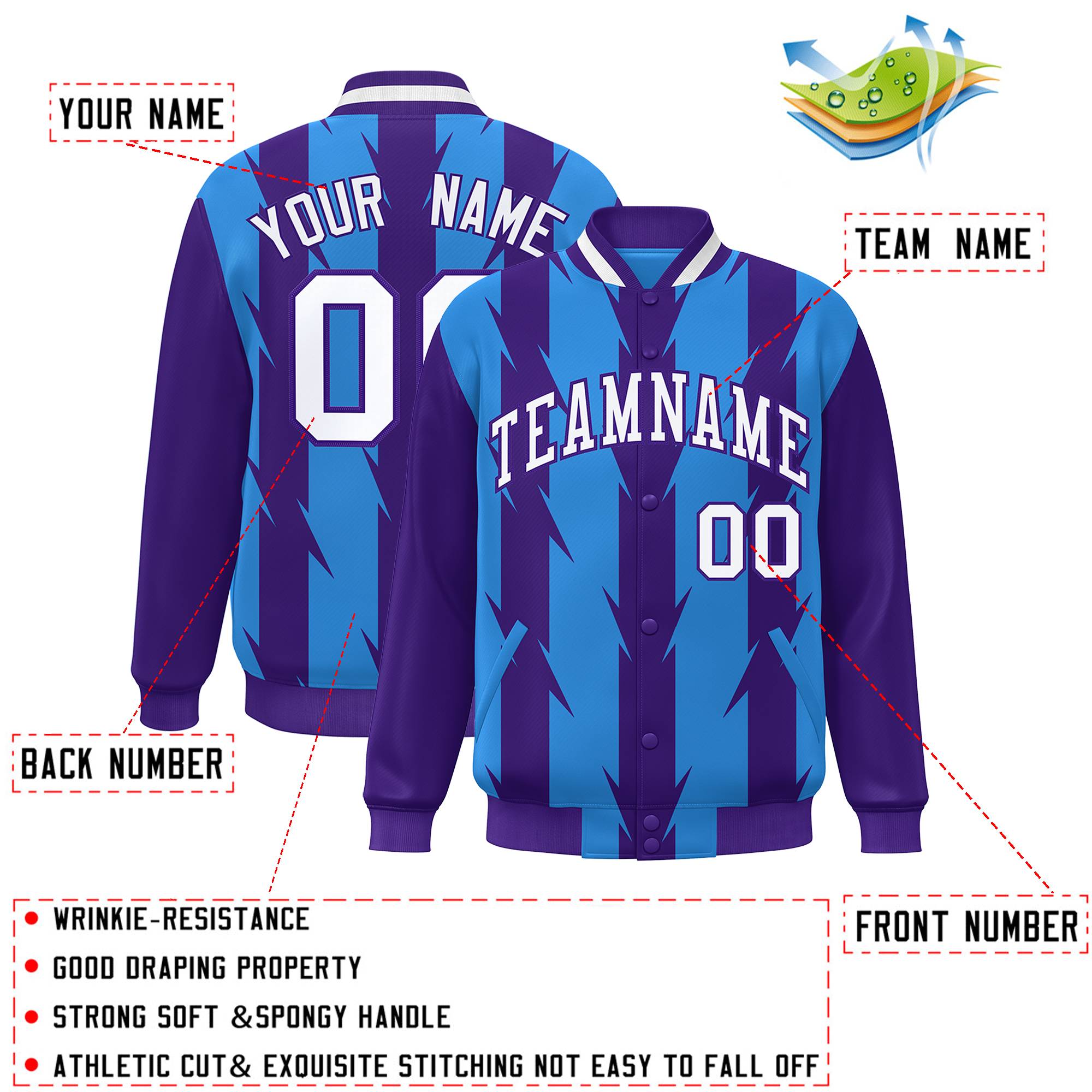 Custom Powder Blue Powder Blue Varsity Full-Snap Blade Pattern Raglan Sleeves Letterman Baseball Jacket