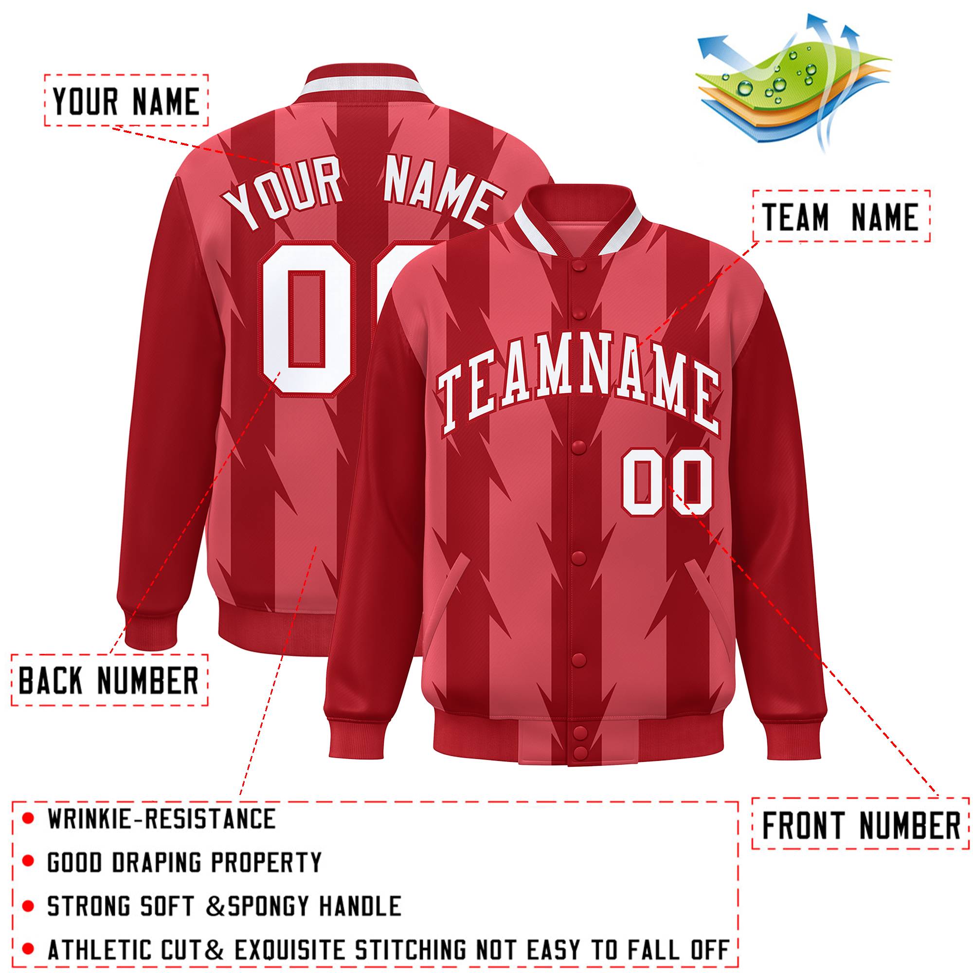 Custom Light Red Light Red Varsity Full-Snap Blade Pattern Raglan Sleeves Letterman Baseball Jacket