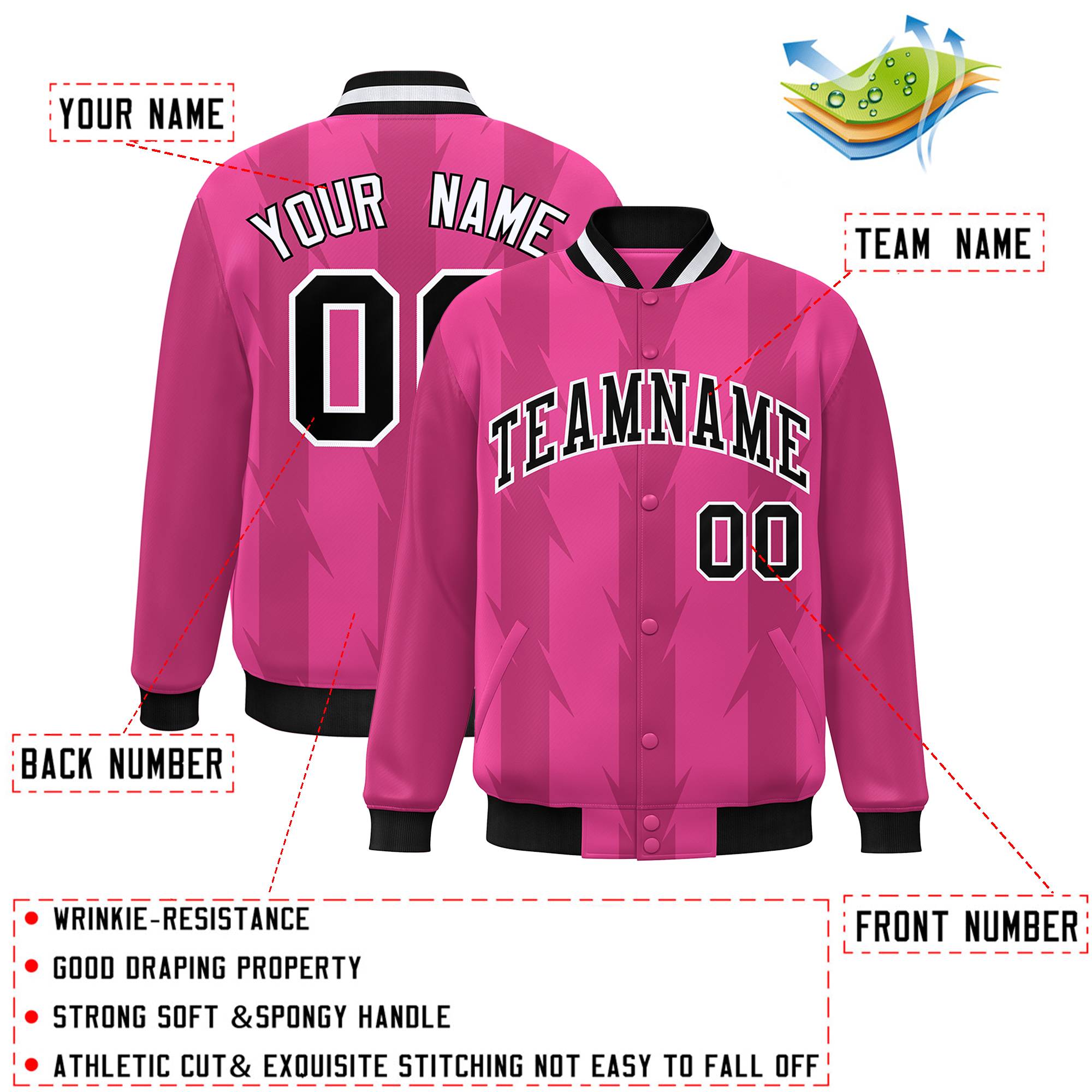 Custom Pink Pink Varsity Full-Snap Blade Pattern Raglan Sleeves Letterman Baseball Jacket