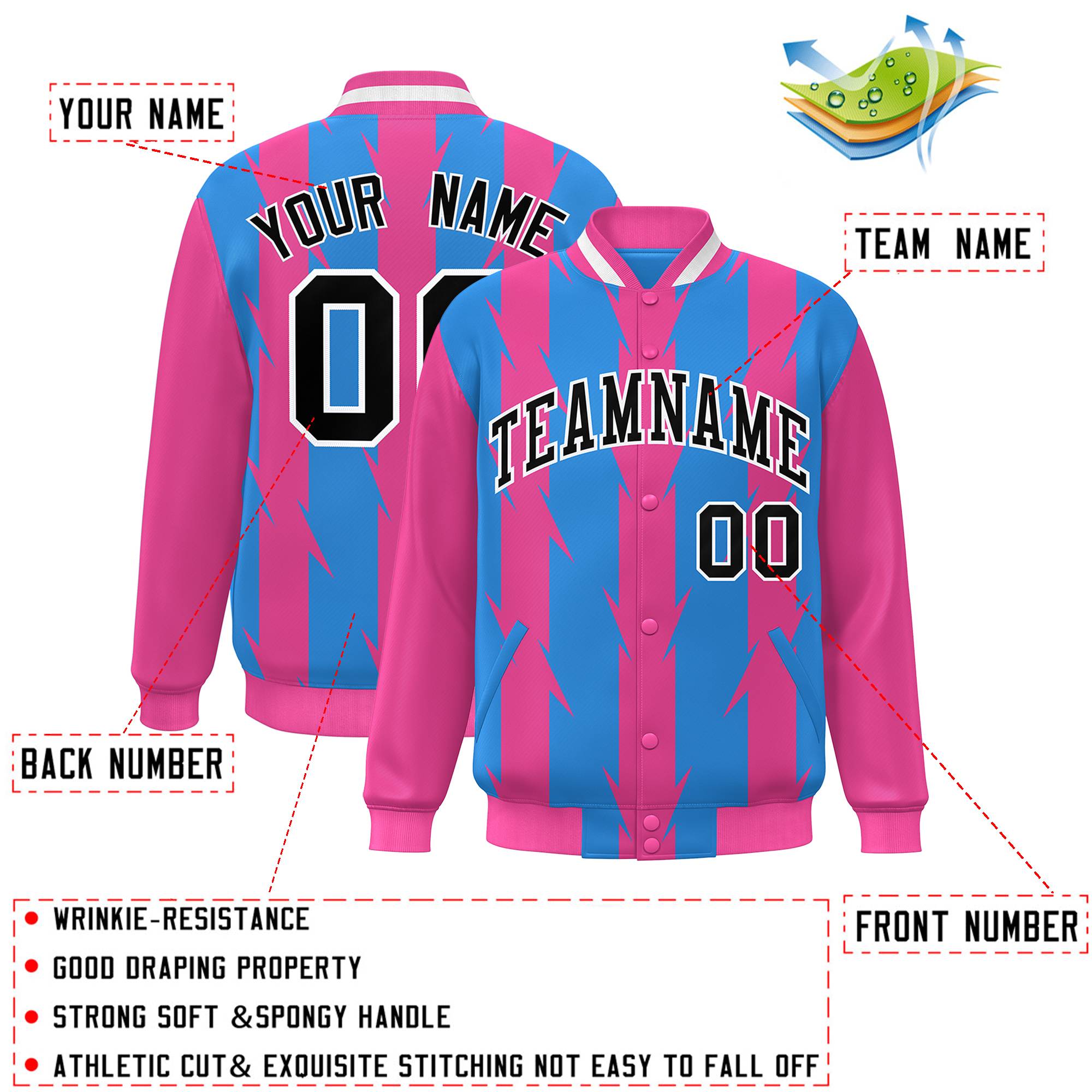 Custom Powder Blue Powder Blue Varsity Full-Snap Blade Pattern Raglan Sleeves Letterman Baseball Jacket