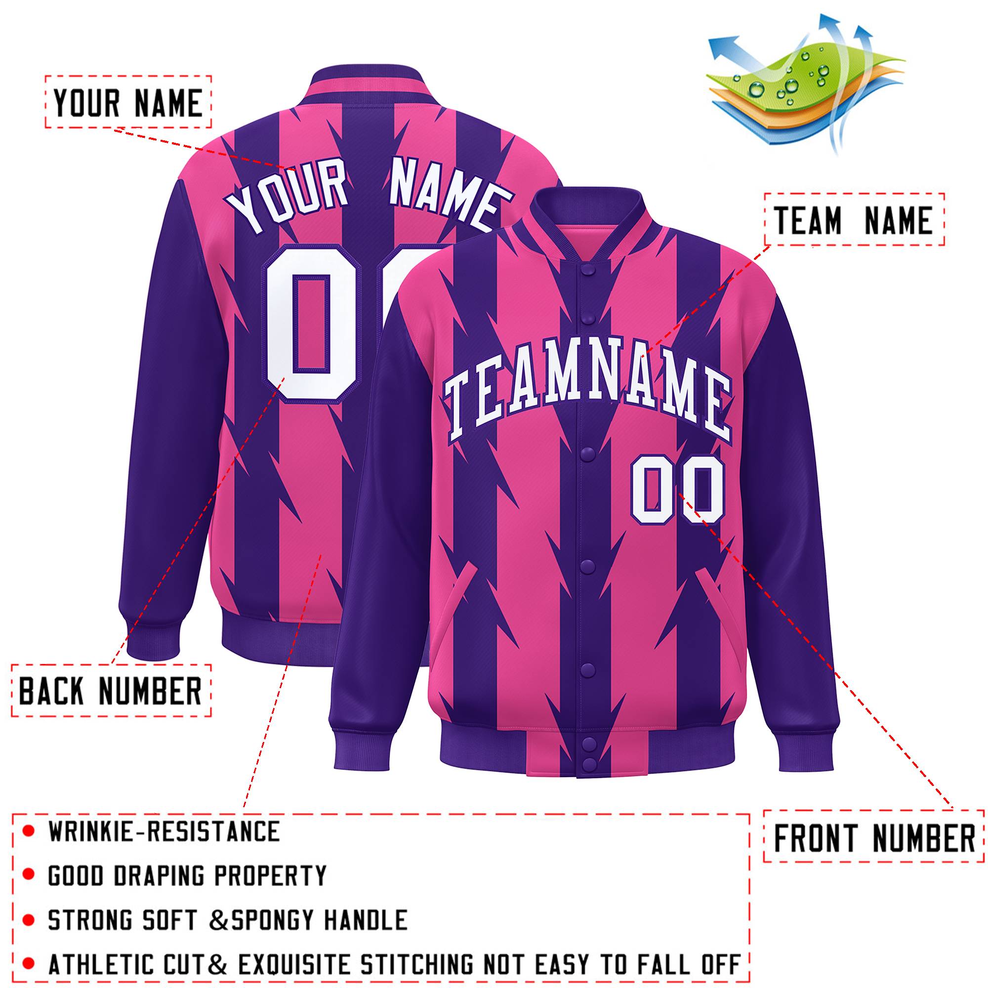 Custom Pink Pink Varsity Full-Snap Blade Pattern Raglan Sleeves Letterman Baseball Jacket